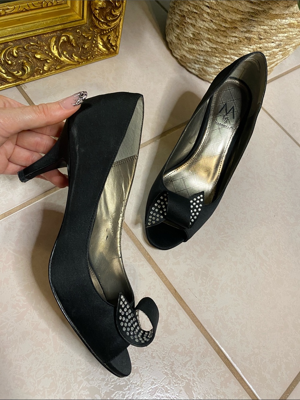Classic Black Peep-Toe Bow Heels with Stud Detail